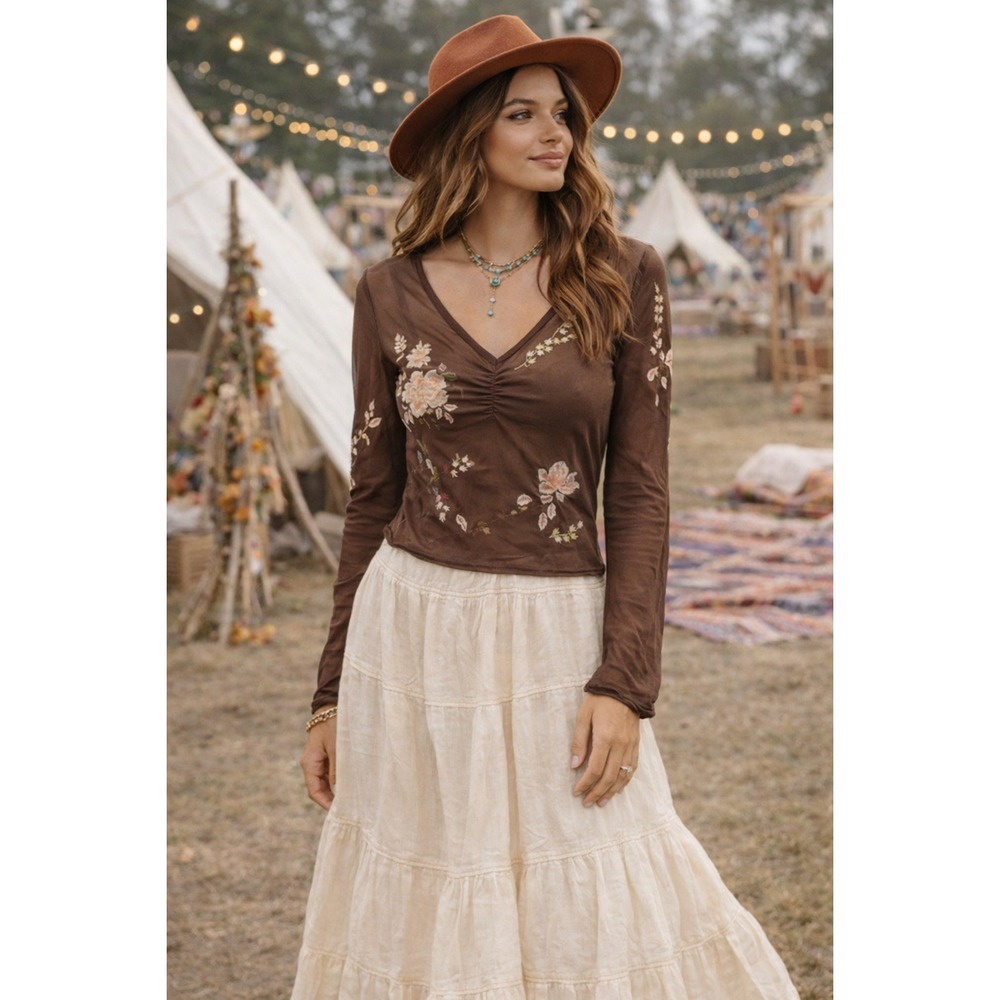 Vintage Y2K Fairy Mesh Top Brown‎ Sheer Floral Embroidered Boho Cottagecore M